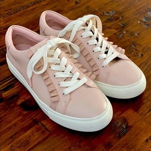 Tory Sport pink ruffled shoes with white laces